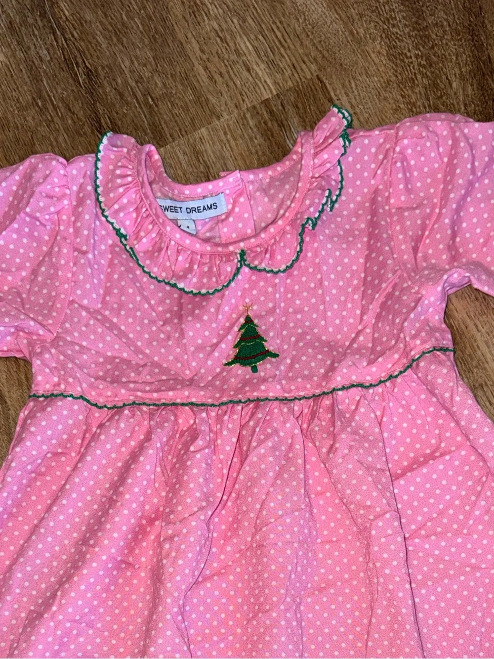 Sweet Dreams Pink Polka Dot Nightgown with Green Tree Accent